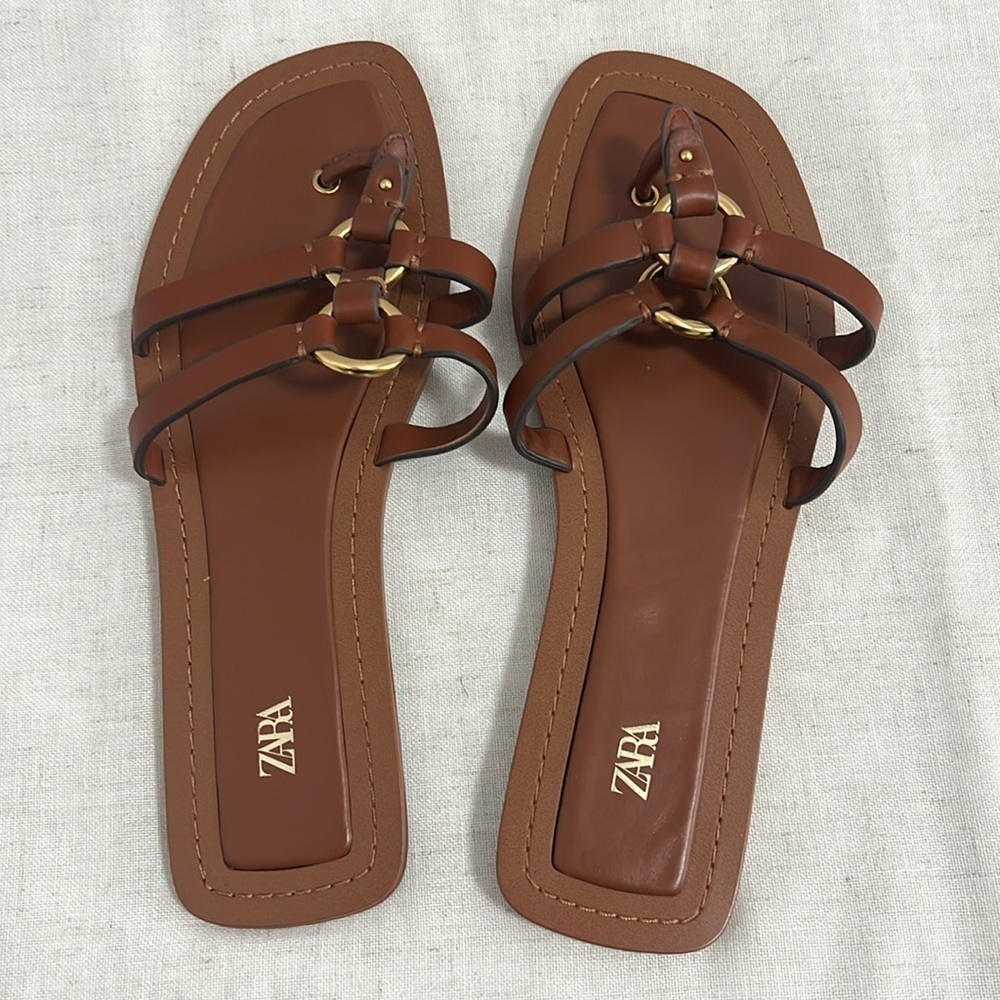Zara Women’s Leather Sandals with Embellished Medal Details Brown size 42 US 11 - Picture 5 of 10